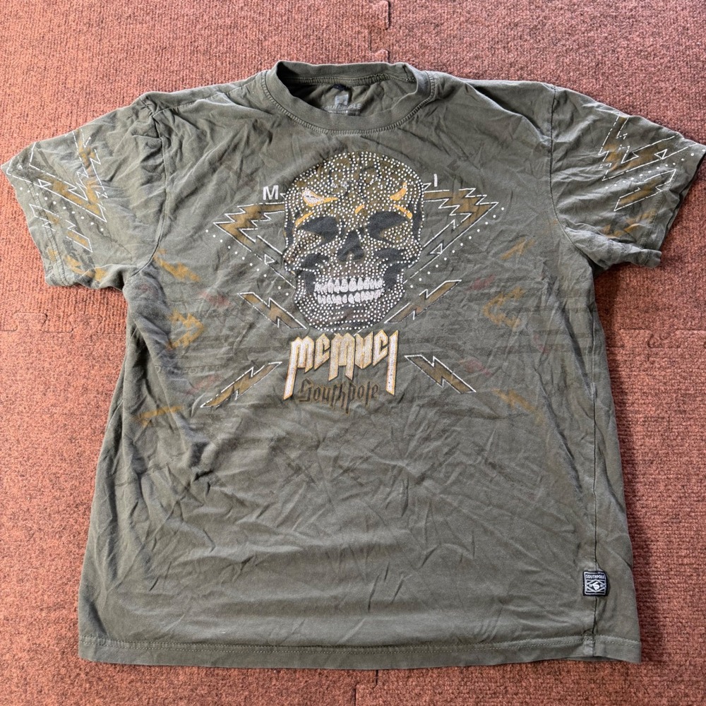 Southpole Rhinestone Skull Graphic Shirt Olive Green Y2K Streetwear Mens Medium